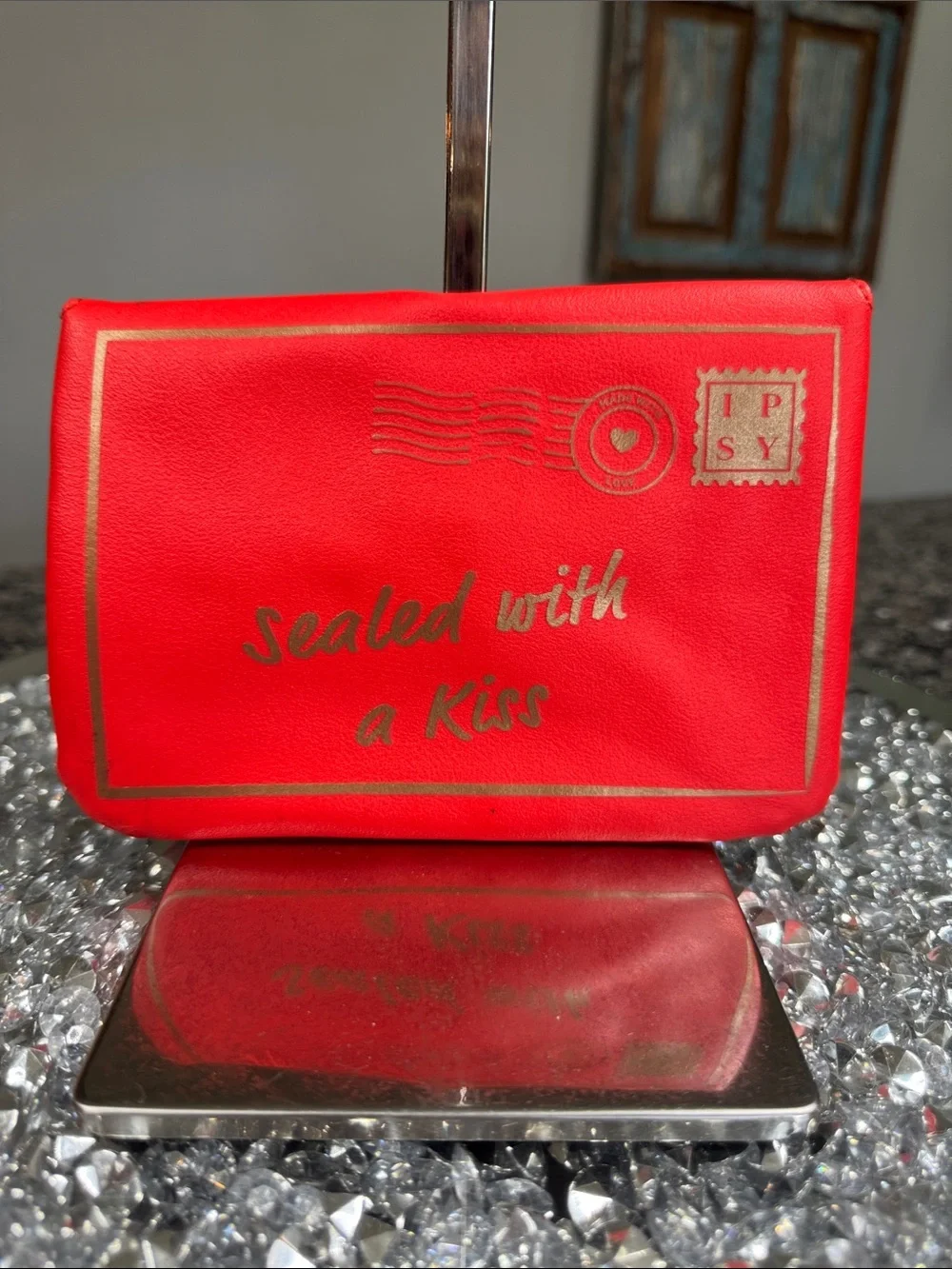 ipsy Red 'Sealed With a Kiss' Gold Lettering Cosmetic Bag